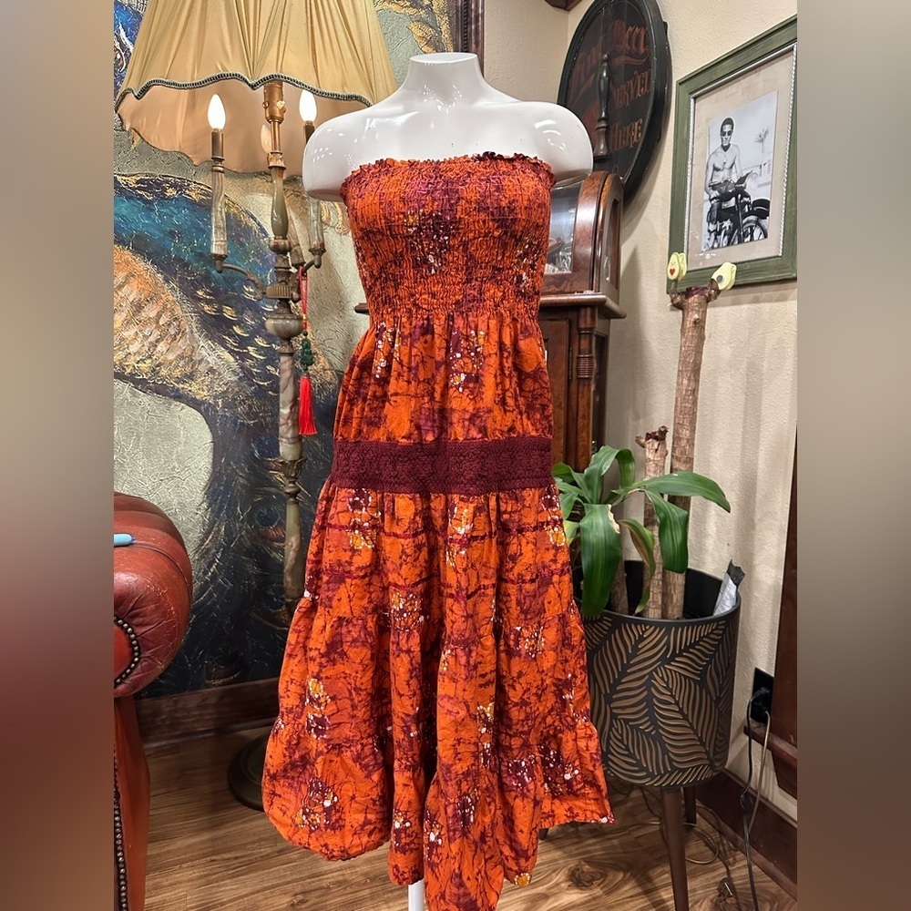 S'Cool Boho Batik Strapless Smocked Maxi Dress Rust Orange Cotton Tiered - Picture 3 of 7